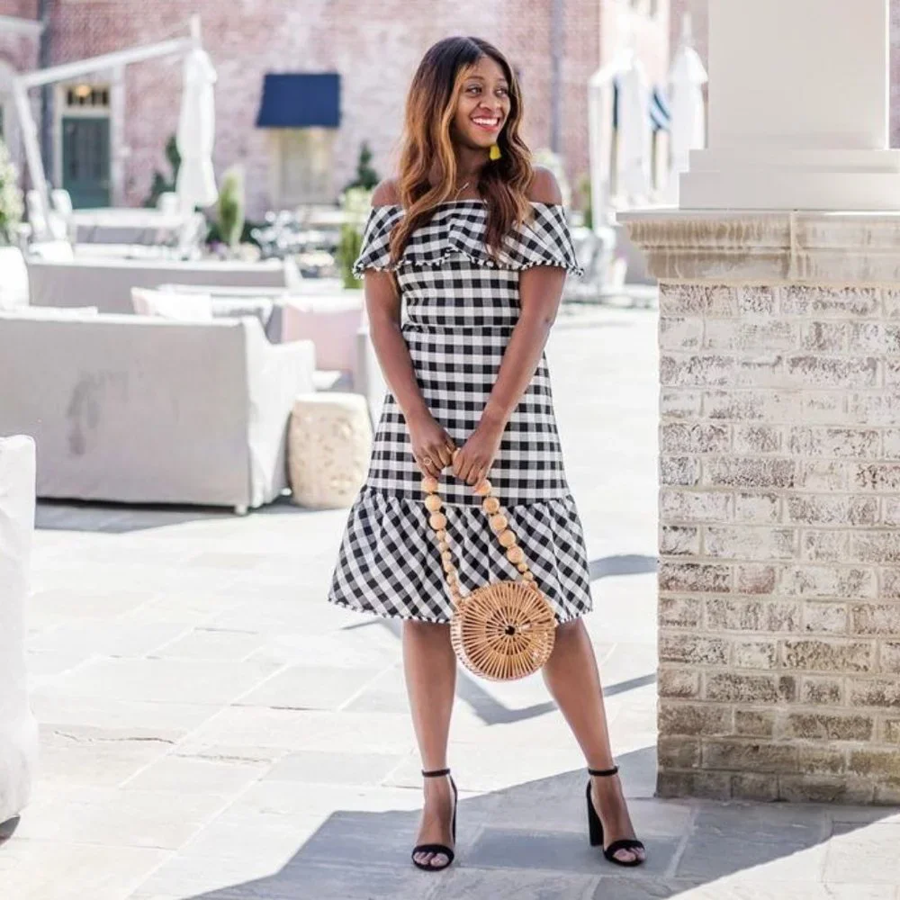 Ann Taylor Dress Gingham Print Off Shoulder Ruffle Black White - Picture 2 of 12